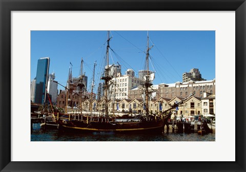 Framed Sailing ship moored in a harbor, Waterfront Restaurant, Sydney, New South Wales, Australia Print