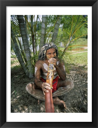 Framed Aborigine playing a didgeridoo, Cairns, Queensland, Australia Print