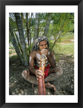 Framed Aborigine playing a didgeridoo, Cairns, Queensland, Australia Print