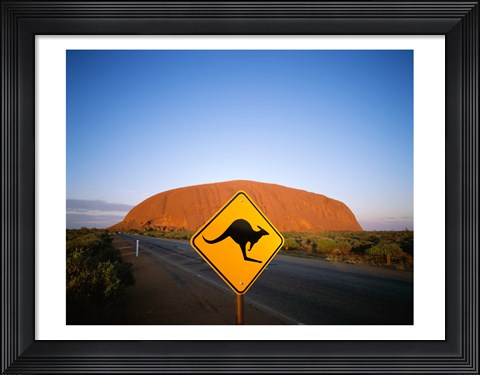 Framed Kangaroo sign on a road with a rock formation in the background, Ayers Rock Print