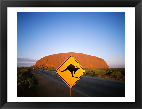 Framed Kangaroo sign on a road with a rock formation in the background, Ayers Rock Print