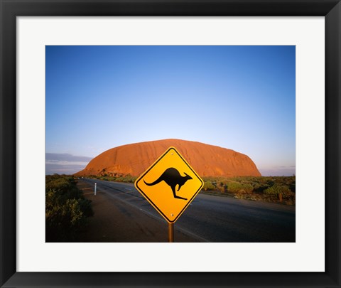 Framed Kangaroo sign on a road with a rock formation in the background, Ayers Rock Print