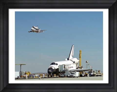 Framed Endeavour on Runway with Columbia on SCA Overhead Print