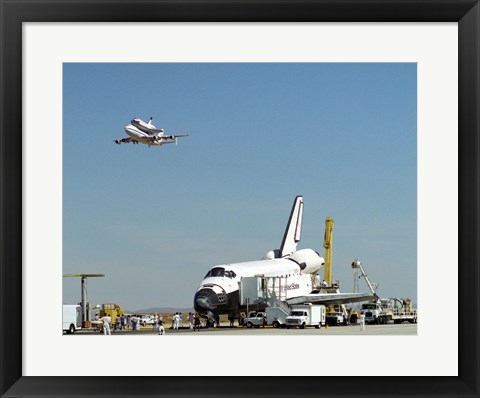 Framed Endeavour on Runway with Columbia on SCA Overhead Print