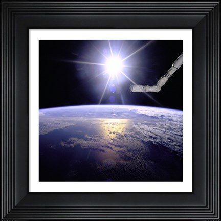 Framed Robot Arm Over Earth with Sunburst Print