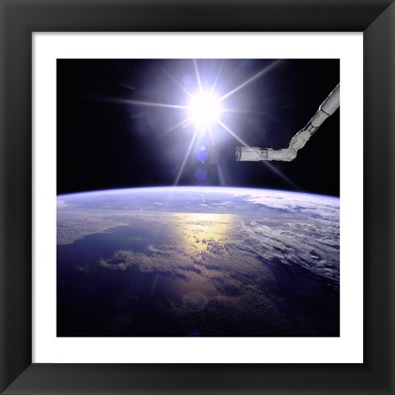 Framed Robot Arm Over Earth with Sunburst Print