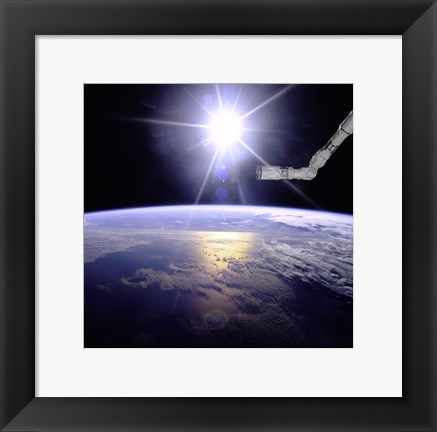 Framed Robot Arm Over Earth with Sunburst Print