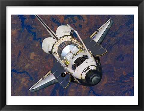 Framed Space Shuttle Discovery approaches the International Space Station Print