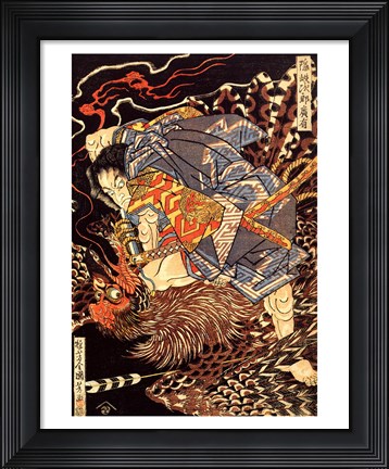 Framed Oki no Jiro Hiroari killing a monstrous tengu Print