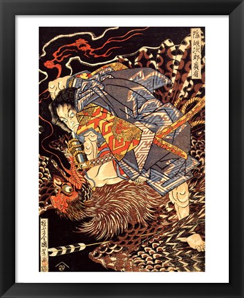 Framed Oki no Jiro Hiroari killing a monstrous tengu Print