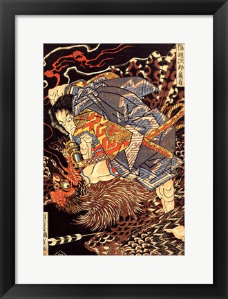 Framed Oki no Jiro Hiroari killing a monstrous tengu Print