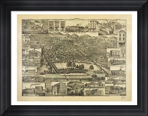 Framed Topographic View of the City of Reading PA. 1881 Print