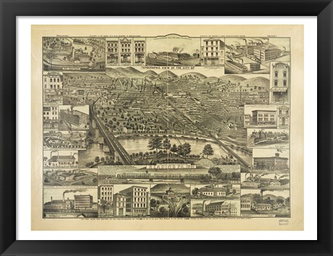 Framed Topographic View of the City of Reading PA. 1881 Print