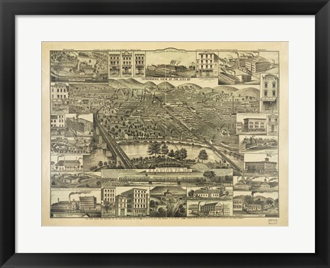 Framed Topographic View of the City of Reading PA. 1881 Print