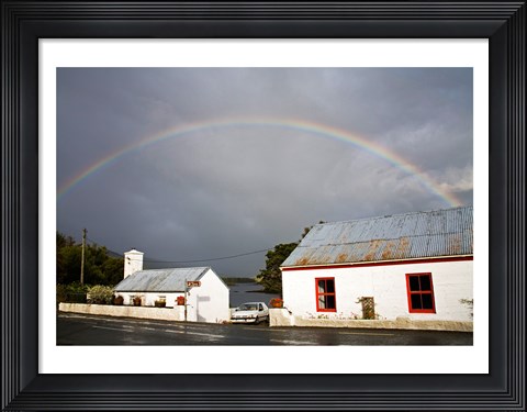 Framed Rainbow over a cottage, Cloonee Lakes, County Kerry, Munster Province, Ireland Print