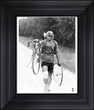 Framed Italian Giusto Cerutti has a broken wheel after a fall. Tour de France 1928 Print