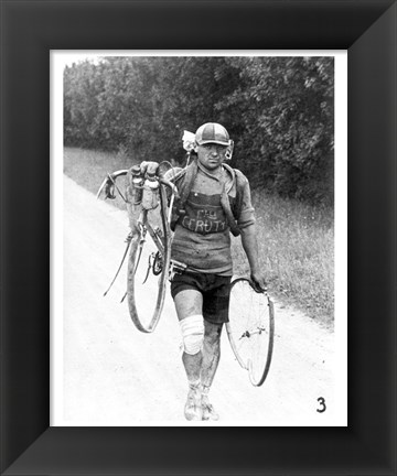 Framed Italian Giusto Cerutti has a broken wheel after a fall. Tour de France 1928 Print