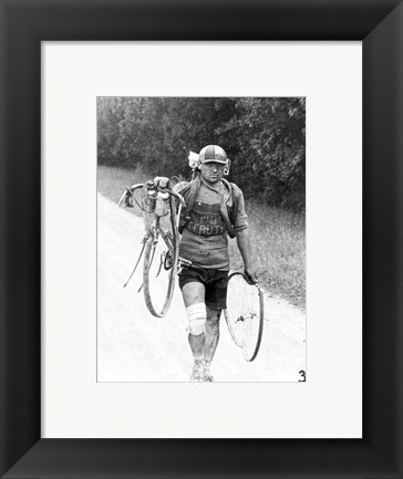 Framed Italian Giusto Cerutti has a broken wheel after a fall. Tour de France 1928 Print