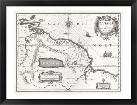 Framed 1635 Blaeu Map Guiana, Venezuela, and El Dorado Print