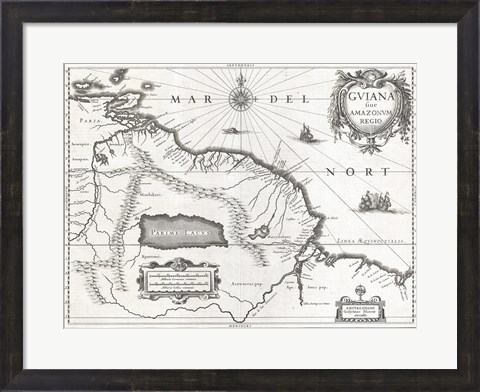 Framed 1635 Blaeu Map Guiana, Venezuela, and El Dorado Print
