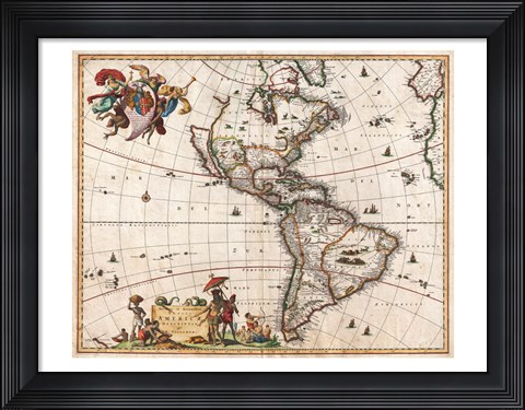 Framed 1658 Visscher Map of North America and South America 1658 Print