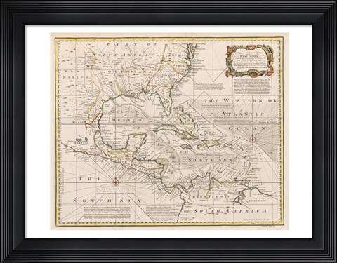 Framed 1720 Map of the West Indies with the Adjacent Coasts of North and South America Print