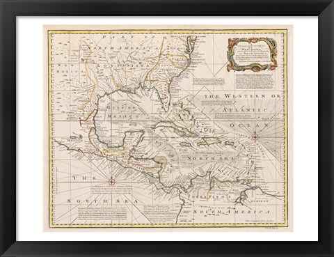 Framed 1720 Map of the West Indies with the Adjacent Coasts of North and South America Print