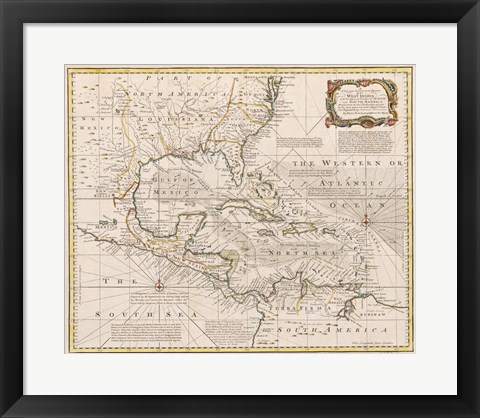 Framed 1720 Map of the West Indies with the Adjacent Coasts of North and South America Print