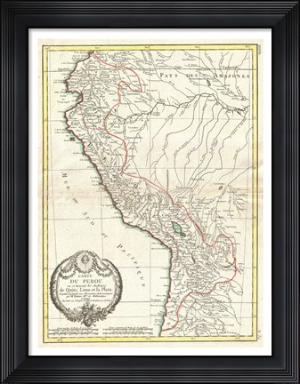 Framed 1775 Bonne Map of Peru, Ecuador, Bolivia, and the Western Amazon Print