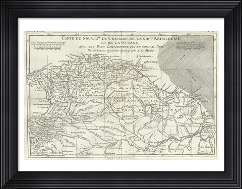 Framed 1780 Bonne Map of Northern South America, Columbia, Venezuela, Brazil Print