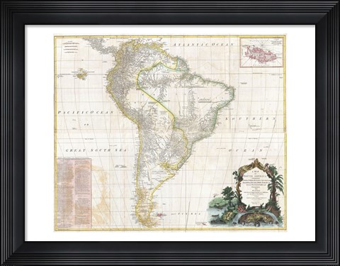 Framed 1780 Raynal &amp; Bonne Map of Southern Brazil, Northern Argentina, Uruguay &amp; Paraguay Print