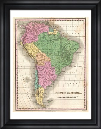 Framed 1827 Finley Map of South America Print