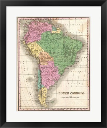 Framed 1827 Finley Map of South America Print