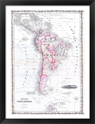 Framed 1861 Johnson Map of South America Print