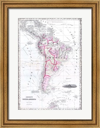 Framed 1861 Johnson Map of South America Print