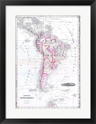 Framed 1861 Johnson Map of South America Print