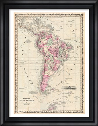 Framed 1862 Johnson Map of South America Print