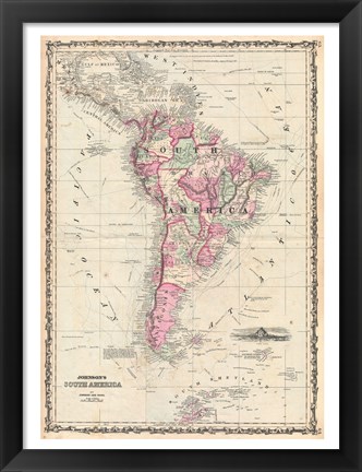 Framed 1862 Johnson Map of South America Print