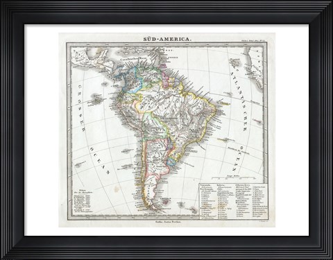 Framed 1862 Perthes map of South America Print