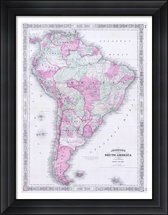 Framed 1863 Johnson&#39;s Map of South America Print