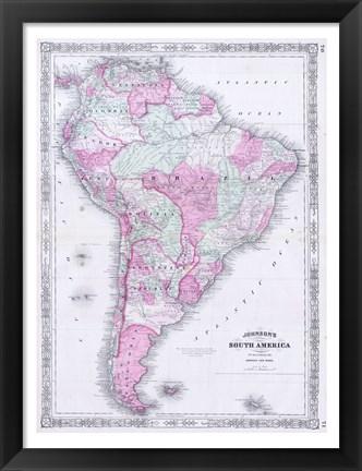 Framed 1863 Johnson&#39;s Map of South America Print