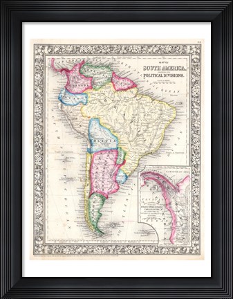 Framed 1864 Mitchell Map of South America Print