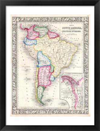 Framed 1864 Mitchell Map of South America Print