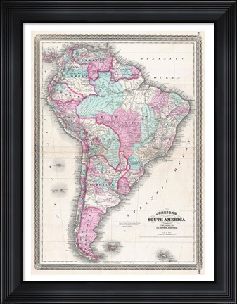 Framed 1870 Johnson Map of South America Print