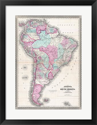Framed 1870 Johnson Map of South America Print