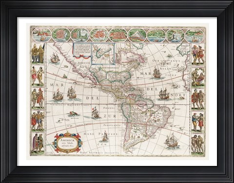 Framed Americae Nova Tabula - Map of North and South America Print