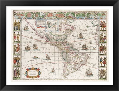 Framed Americae Nova Tabula - Map of North and South America Print