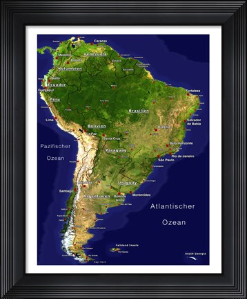 Framed South America - Satellite Orthographic Political Map Print