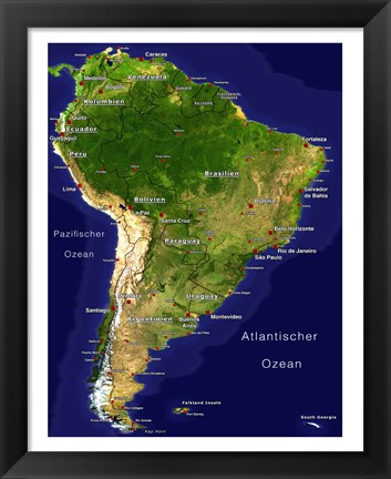 Framed South America - Satellite Orthographic Political Map Print