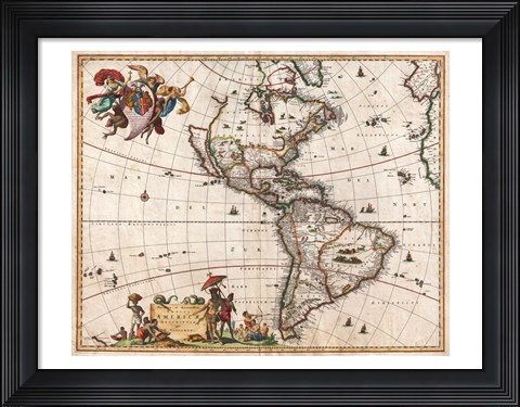 Framed 1658 Visscher Map of North America and South America Print